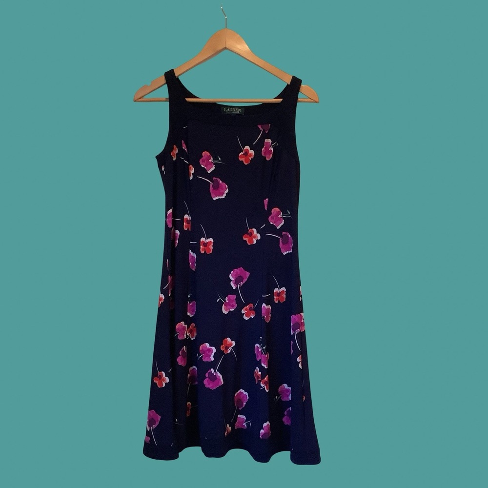 Ralph Lauren Dress Navy Floral Knee Length Sleeveless Summer Sz 4 Cocktail